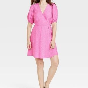 A New Day balloon sleeve mini faux wrap mini dress, polka dots, Large, NWOT